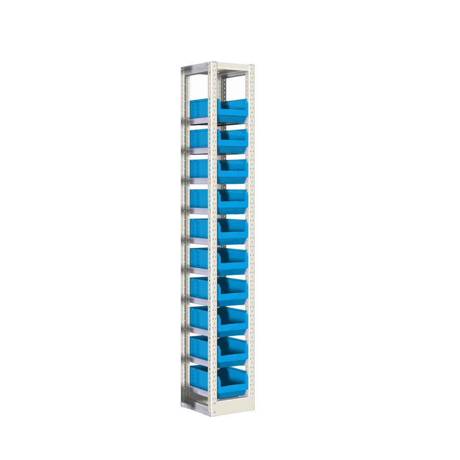 [042421] Estantería con guías y 10 cajas de 210x350x145h mm - Dim.: 302x350x2000h mm - Acero cincado