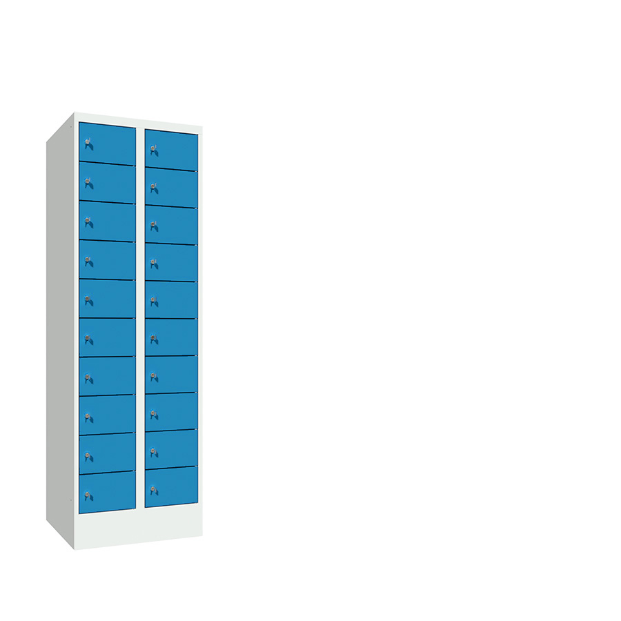 [042602] Consigna de 20 puertas con cerradura de llave - Dim.: 600x500x1850h mm - Gris ral 7035 + Azul ral 5012