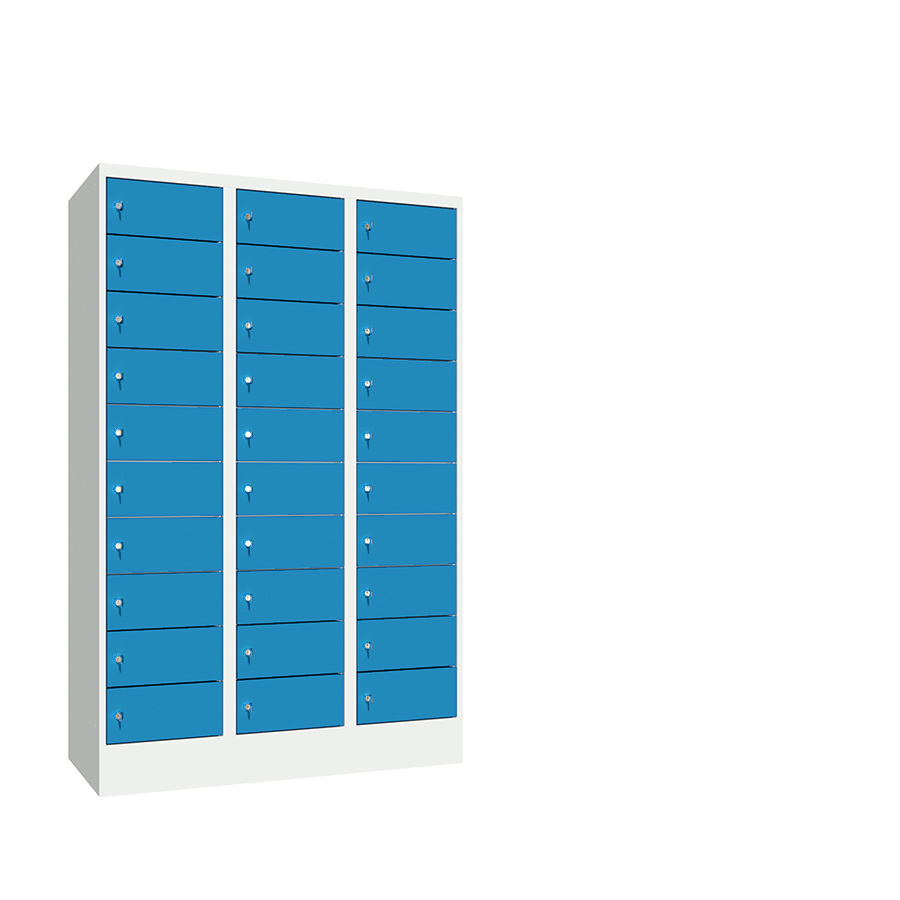 [042622] Consigna de 30 puertas con cerradura de llave - Dim.: 1200x500x1850h mm - Gris ral 7035 + Azul ral 5012