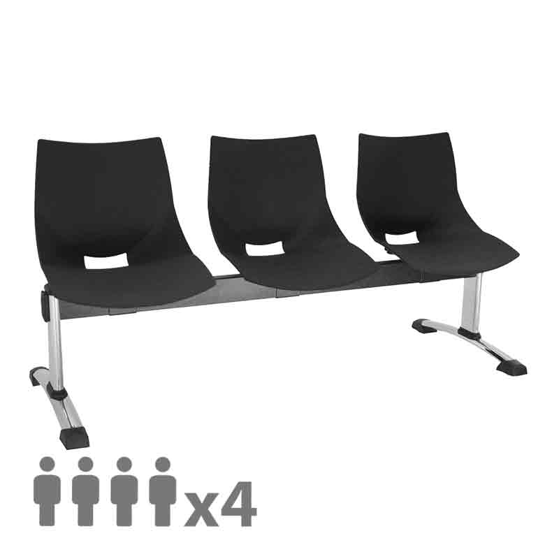 [045512] Banqueta con asientos plásticos monoblock negros y patas cromadas - 4 plazas - Dim.: 2000x600x770h mm