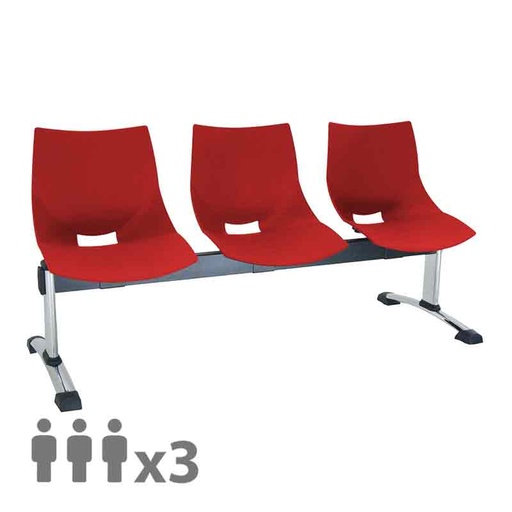 [045543] Banqueta con asientos plásticos monoblock rojos y patas cromadas - 3 plazas - Dim.: 1500x600x770h mm