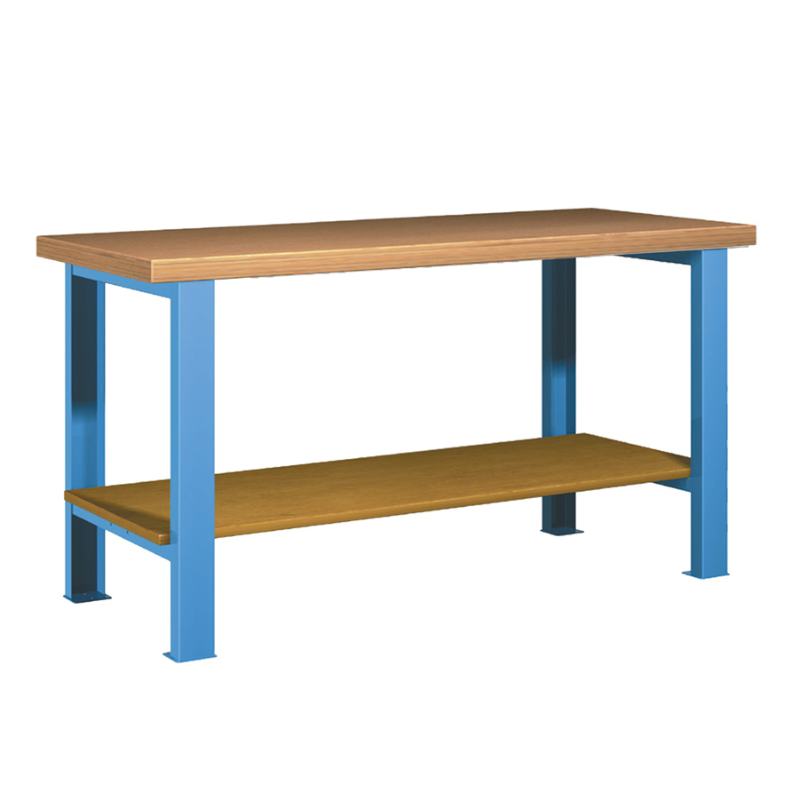 [045610] Banco de trabajo estándar - Dim.: 1500x750x840h mm - Encimera Multiplex, 2 patas, 1 estante inferior - Azul ral 5012
