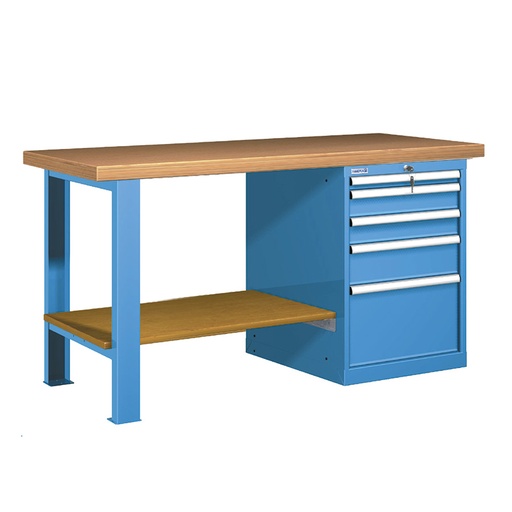 [045620] Banco de trabajo estándar - Dim.: 1500x750x840h mm - Encimera Multiplex, 1 pata, 1 armario, 1 estante inferior - Azul ral 5012