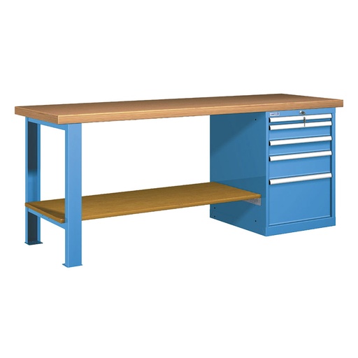 [045621] Banco de trabajo estándar - Dim.: 2000x750x840h mm - Encimera Multiplex, 1 pata, 1 armario, 1 estante inferior - Azul ral 5012