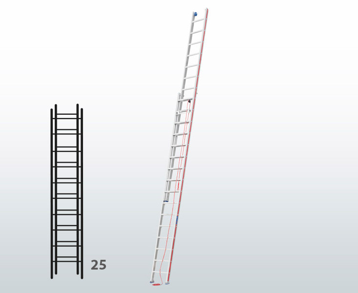 [045800] Escalera de dos tramos extensibles mediante cuerda para uso profesional con 25 peldaños - Dim.: 425 x 7260h mm - Aluminio