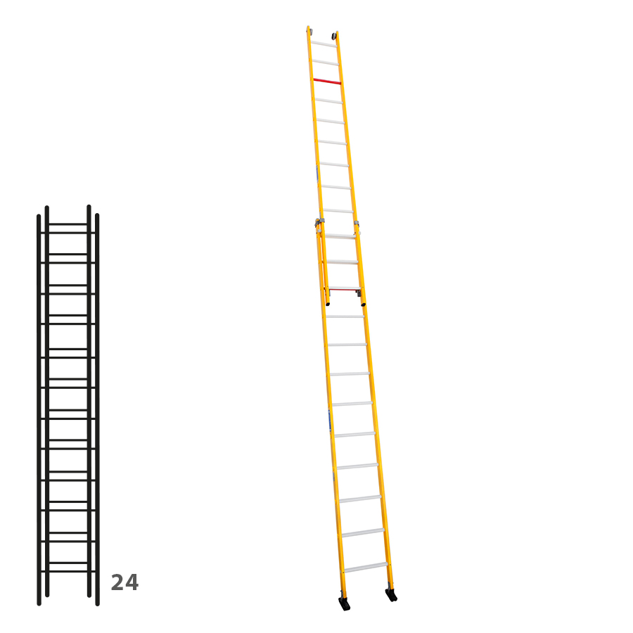 [046294] Escalera de fibra de vidrio apoyable de dos tramos con 2 x 12 peldaños - Dim.: 450 x 6080h mm - amarillo