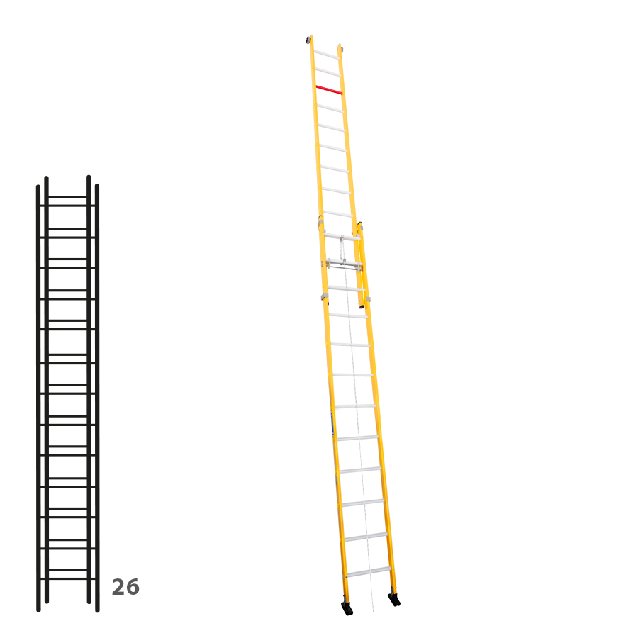[046305] Escalera de fibra de vidrio apoyable de dos tramos con cuerda con 2 x 13 peldaños - Dim.: 450 x 6640h mm - amarillo