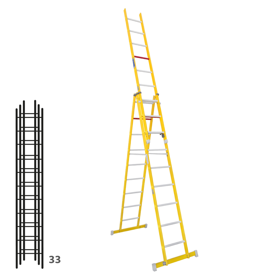 [046366] Escalera de fibra de vidrio transformable tres tramos plegable con (2 x 11) + 11 peldaños - Dim.: 450 x 5240h mm - amarillo