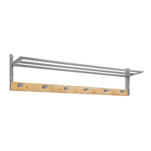 [048876] Colgador de madera pino para fijar a pared con 6 ganchos y repisa - Dim.: 1500 mm - Madera