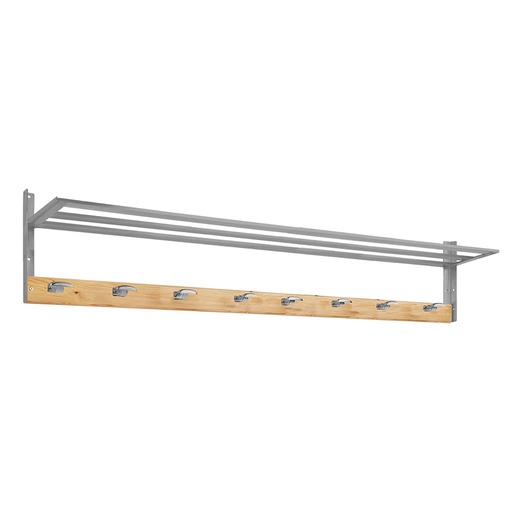 [048877] Colgador de madera pino para fijar a pared con 8 ganchos y repisa - Dim.: 2000 mm - Madera