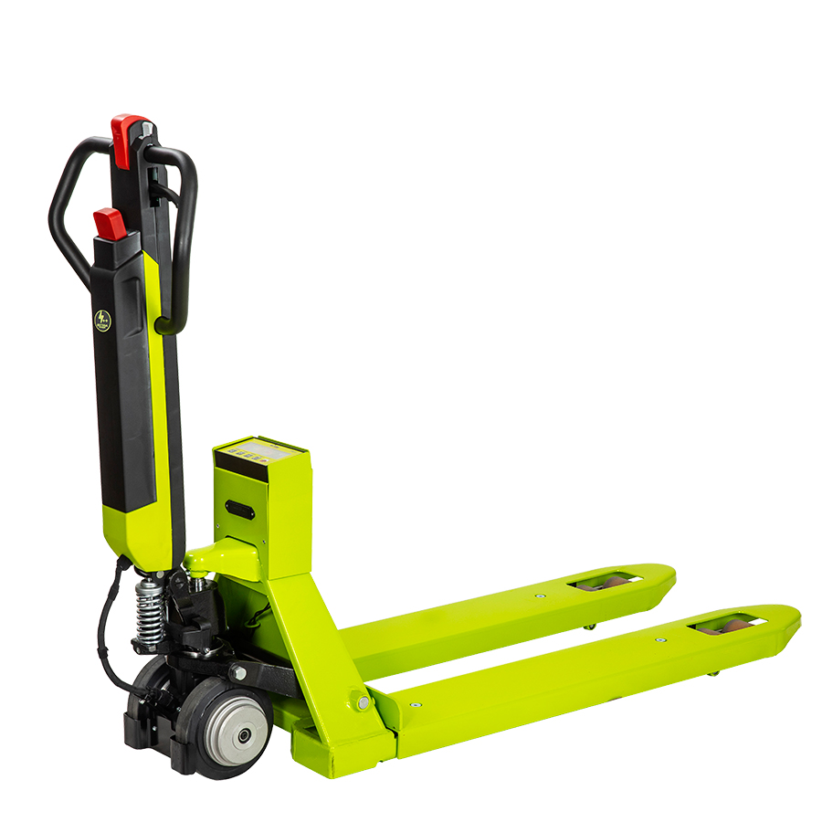 [049267] Transpaleta pesadora de translación manual y elevación eléctrica con batería y cargador - Carga máx. 1.200 kg - Verde Pantone 382C