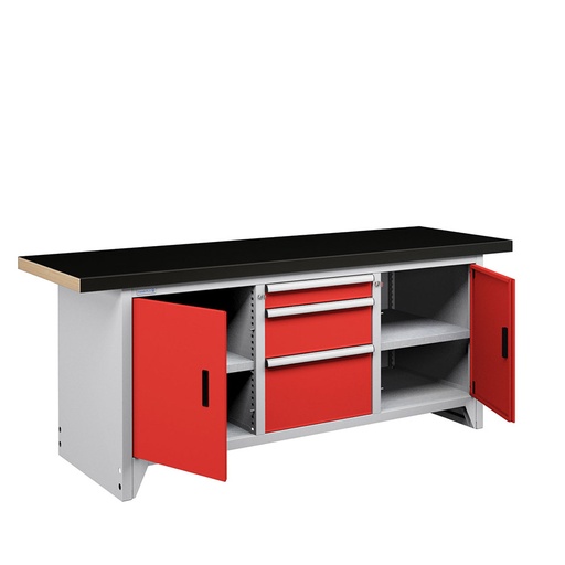 [050144] Banco compacto con encimera de haya, 3 cajones, 2 puertas y 2 estantes - Dim.: 2000x750x840h mm - Gris ral 7035 y Rojo ral 3003