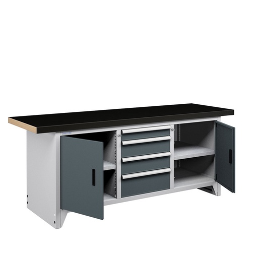 [050152] Banco compacto con encimera de haya, 4 cajones, 2 puertas y 2 estantes - Dim.: 2000x750x840h mm - Gris ral 7035 y Gris ral 7016