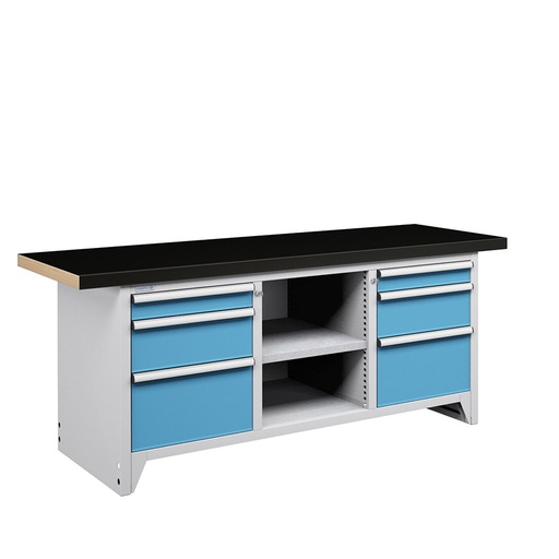 [050160] Banco compacto con encimera de haya, 6 cajones y 1 estante - Dim.: 2000x750x840h mm - Gris ral 7035 y Azul ral 5012