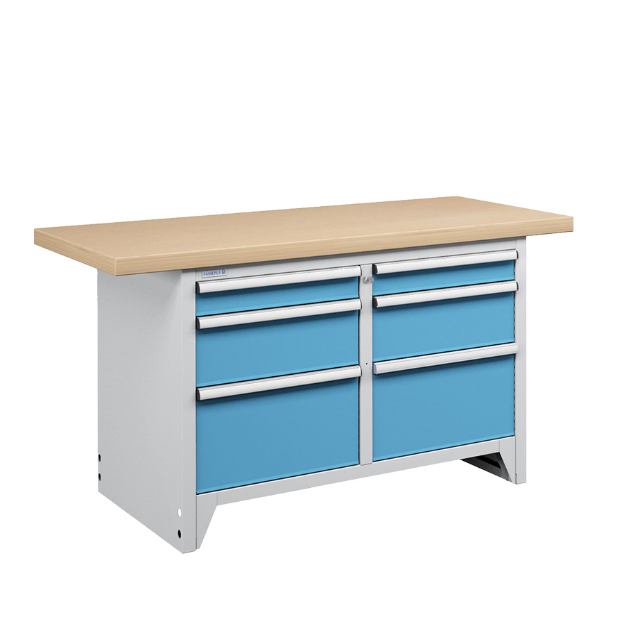 [050234] Banco compacto con encimera de haya y 6 cajones - Dim.: 1500x750x840h mm - Gris ral 7035 y Azul ral 5012