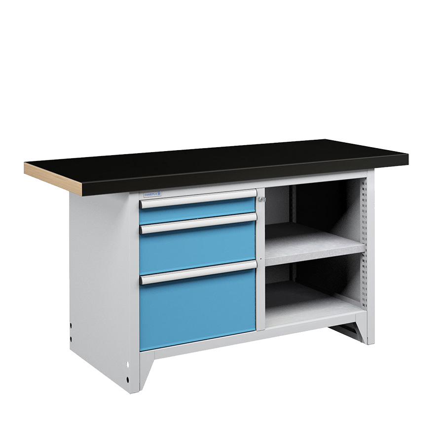 [050255] Banco compacto con encimera de haya, 3 cajones y 1 estante - Dim.: 1500x750x840h mm - Gris ral 7035 y Azul ral 5012