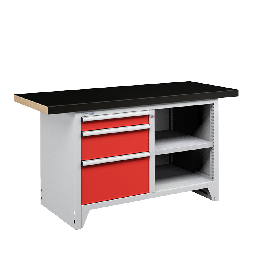[050259] Banco compacto con encimera de haya, 3 cajones y 1 estante - Dim.: 1500x750x840h mm - Gris ral 7035 y Azul ral 5012