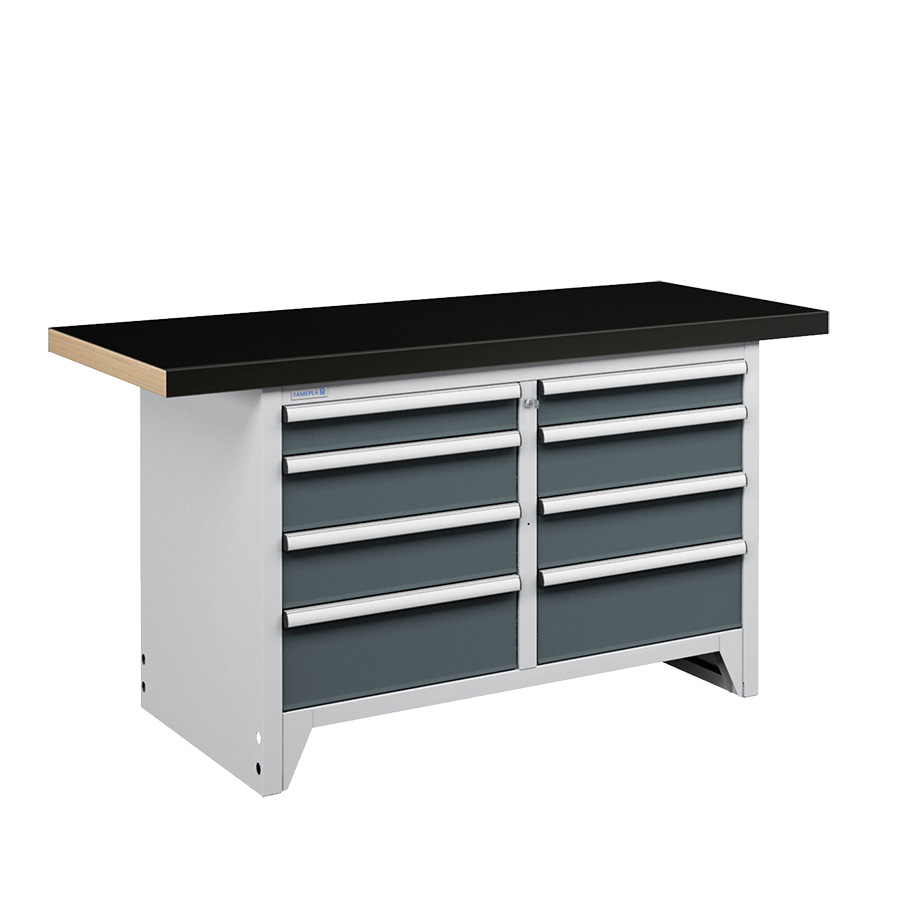 [050273] Banco compacto con encimera de haya y 8 cajones - Dim.: 1500x750x840h mm - Gris ral 7035 y Gris ral 7016