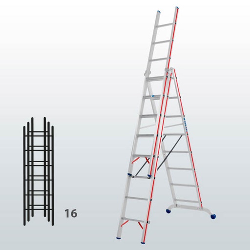 [012905] Escalera manual transformable de 3 tramos para uso profesional con 16 peldaños - Dim.: 1030 x 89 x 4570h mm - Aluminio
