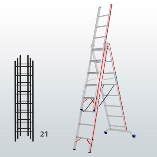 [012907] Escalera manual transformable de 3 tramos para uso profesional con 21 peldaños - Dim.: 1150 x 89 x 6070h mm - Aluminio
