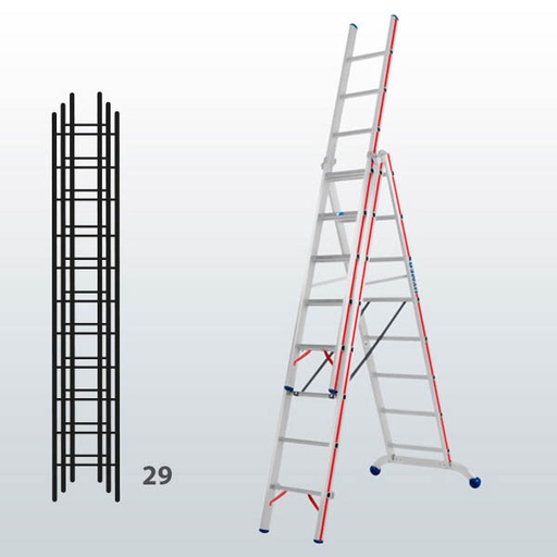 [012909] Escalera manual transformable de 3 tramos para uso profesional con 29 peldaños - Dim.: 1150 x 89 x 8380h mm - Aluminio