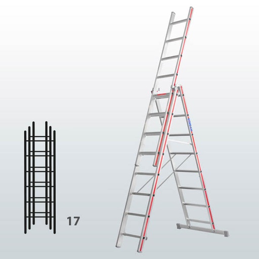 [012914] Escalera manual transformable de 3 tramos para uso industrial con 17 peldaños - Dim.: 950 x 66 x 4870h mm - Aluminio