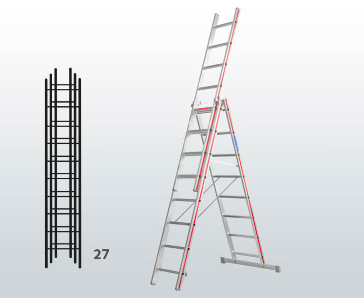 [012918] Escalera manual transformable de 3 tramos para uso industrial con 27 peldaños - Dim.: 950 x 83 x 7670h mm - Aluminio