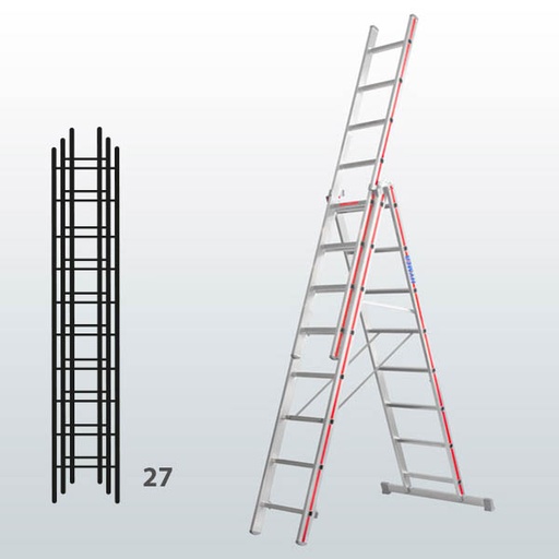 [012918] Escalera manual transformable de 3 tramos para uso industrial con 27 peldaños - Dim.: 950 x 83 x 7670h mm - Aluminio