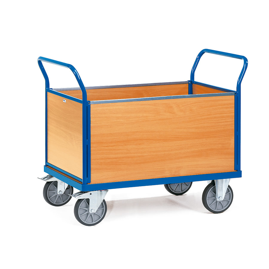 [014900] Carro de plataforma de madera con 4 paredes de madera - Dim. plataforma 1.000 x 700 mm - Azul Ral 5007