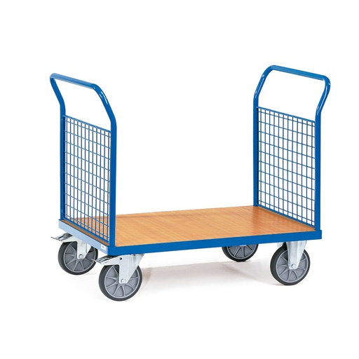 [014904] Carro de plataforma de madera con 2 paredes frontales de malla - Dim. plataforma de madera 1.000x700 mm - Azul Ral 5007