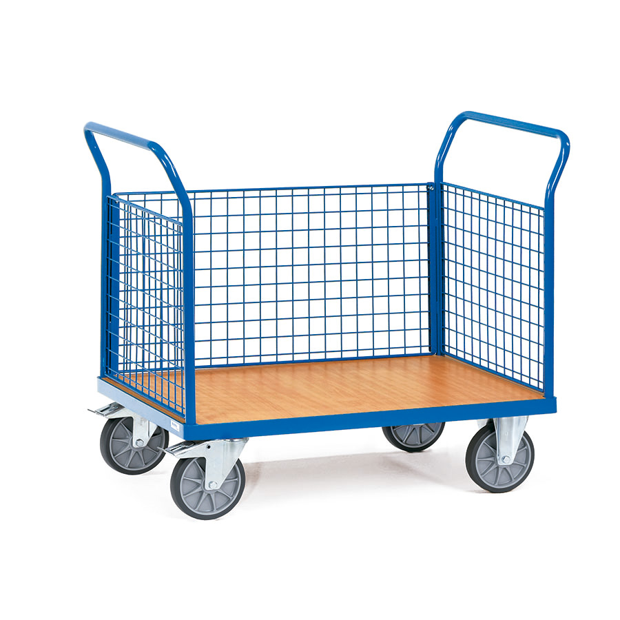 [014906] Carro de plataforma de madera con 3 paredes de malla - Dim. plataforma de madera 1.000 x 600 mm - Azul Ral 5007