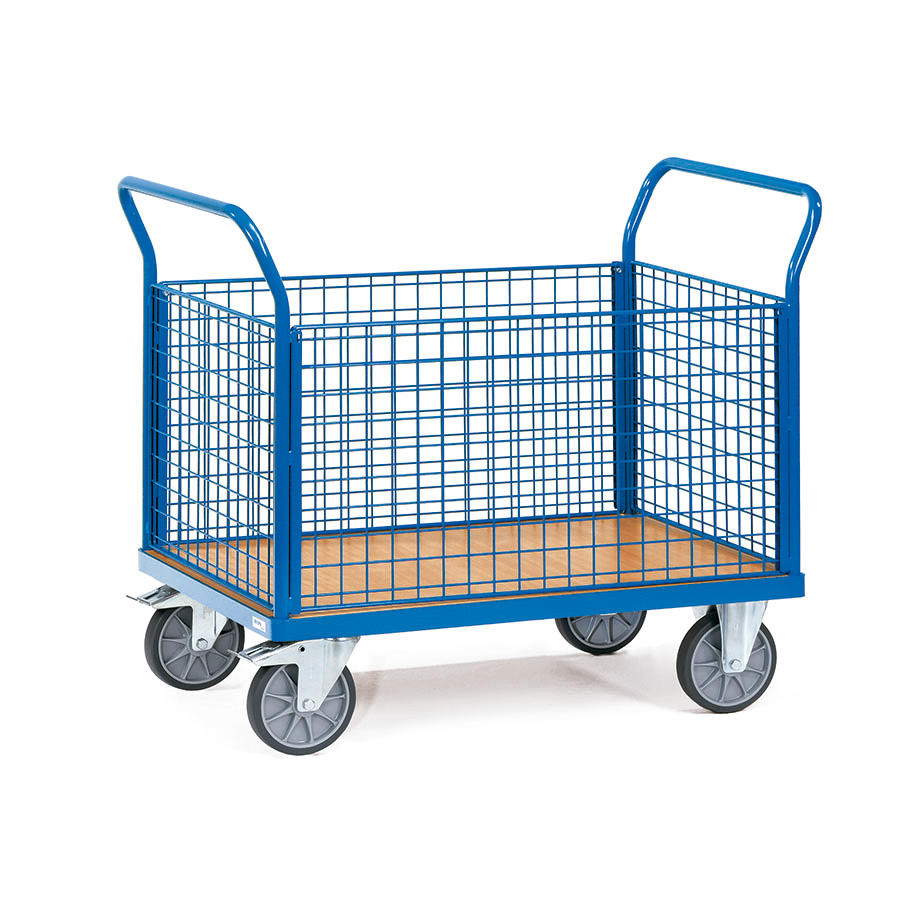 [014911] Carro de plataforma de madera con 4 paredes de malla - Dim. plataforma 1.000 x 700 mm - Azul Ral 5007