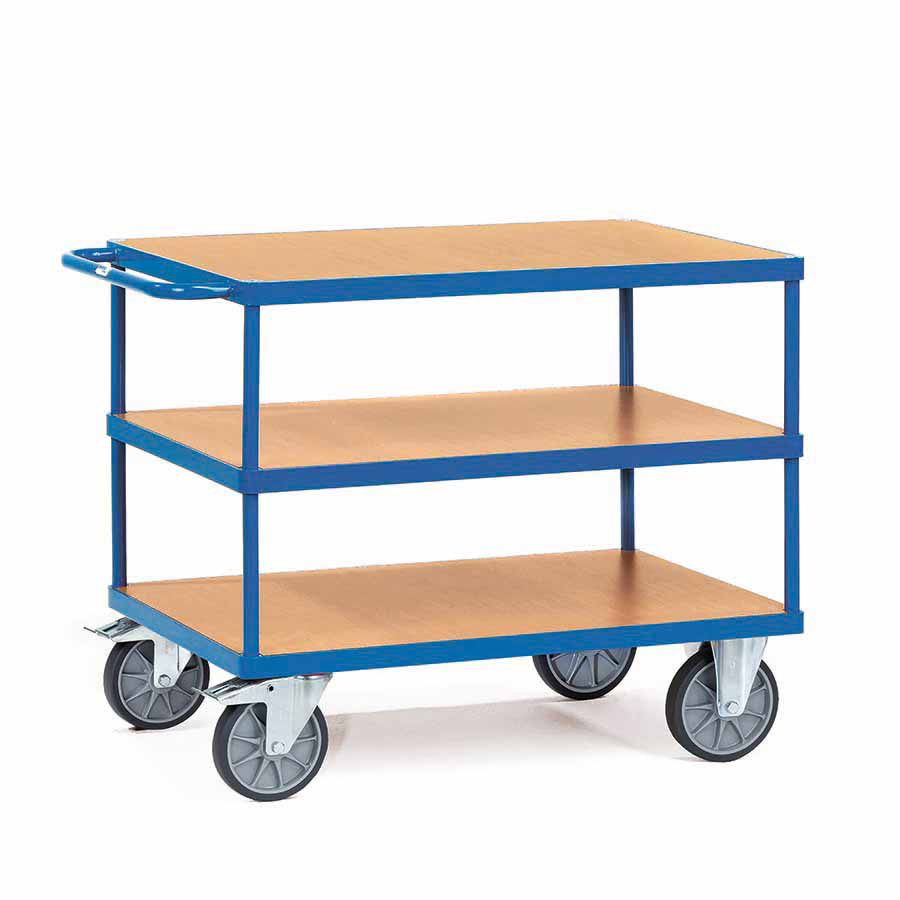 [014917] Carro de transporte para taller con 3 estantes fijos de madera - Dim. plataforma 1.200 x 800 mm - Azul ral 5007
