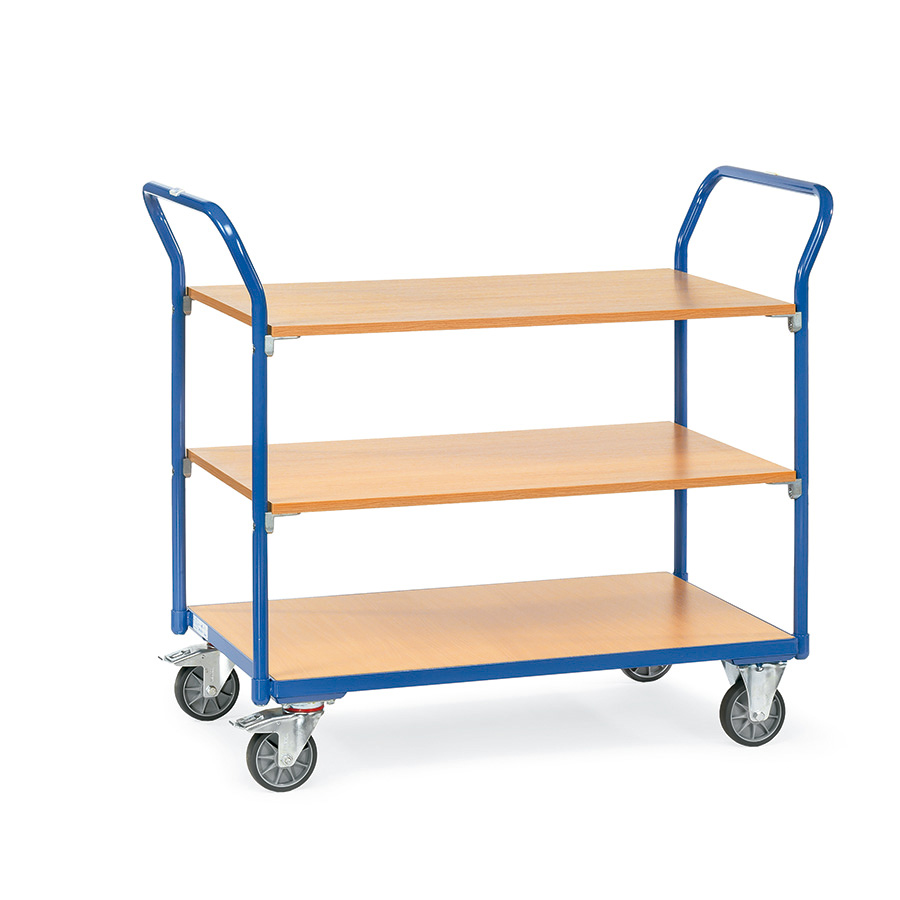 [015033] Carro de transporte para taller con 3 estantes fijos de madera - Dim. plataforma 850 x 500 mm - Azul ral 5007