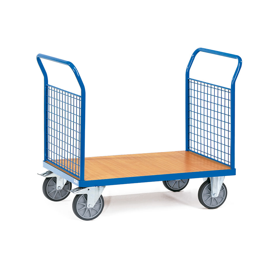 [015518] Carro de plataforma de madera con 2 paredes frontales de malla - Dim. plataforma de madera 1.000x600 mm - Azul Ral 5007