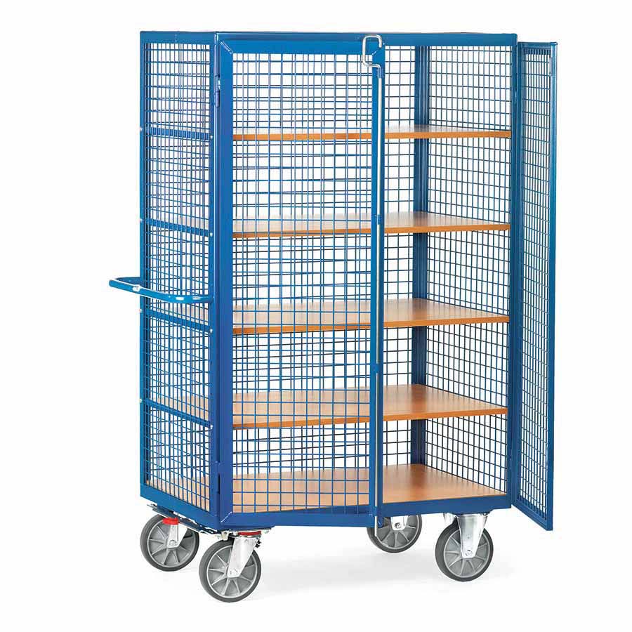 [015665] Carro protegido con paredes de malla y 2 puertas batientes - Dim. plataforma 1.000 x 680 mm - Azul ral 5007