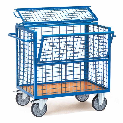 [015669] Carro protegido con paredes de malla y 2 puertas batientes - Dim. plataforma 1.000 x 700 mm - Azul ral 5007