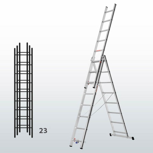 [015865] Escalera manual transformable de 3 tramos para uso doméstico con 23 peldaños - Dim.: 845 x 71 x 6500h mm - Aluminio