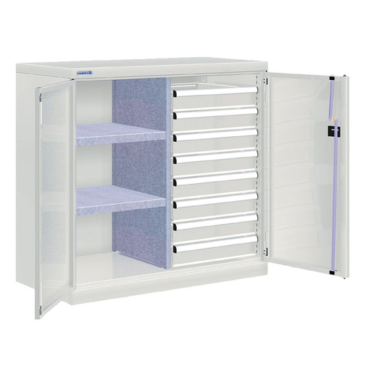 [022521] Armario metálico de puertas batientes con divisor, 2 estantes y 8 cajones de ext. simple - Dim.: 1026x555x1000h mm - Gris ral 7035