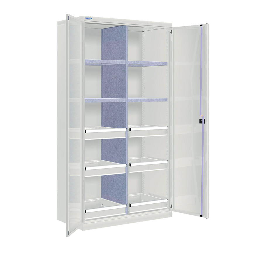 [022564] Armario metálico industrial con puertas, divisor, 4 estantes y 6 cajones simpl. - Dim.: 1026x555x2000h mm - Gris ral 7035