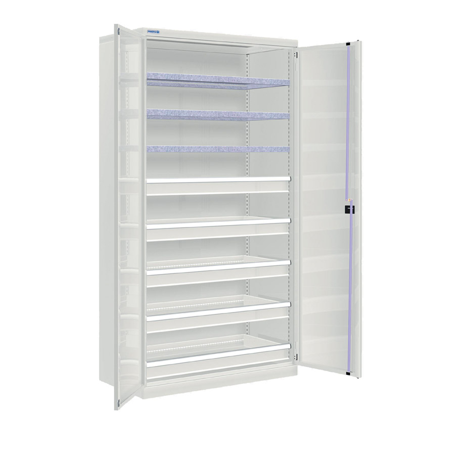 [022606] Armario metálico industrial con puertas, 3 estantes y 5 cajones simples - Dim.: 1026x555x2000h mm - Gris ral 7035