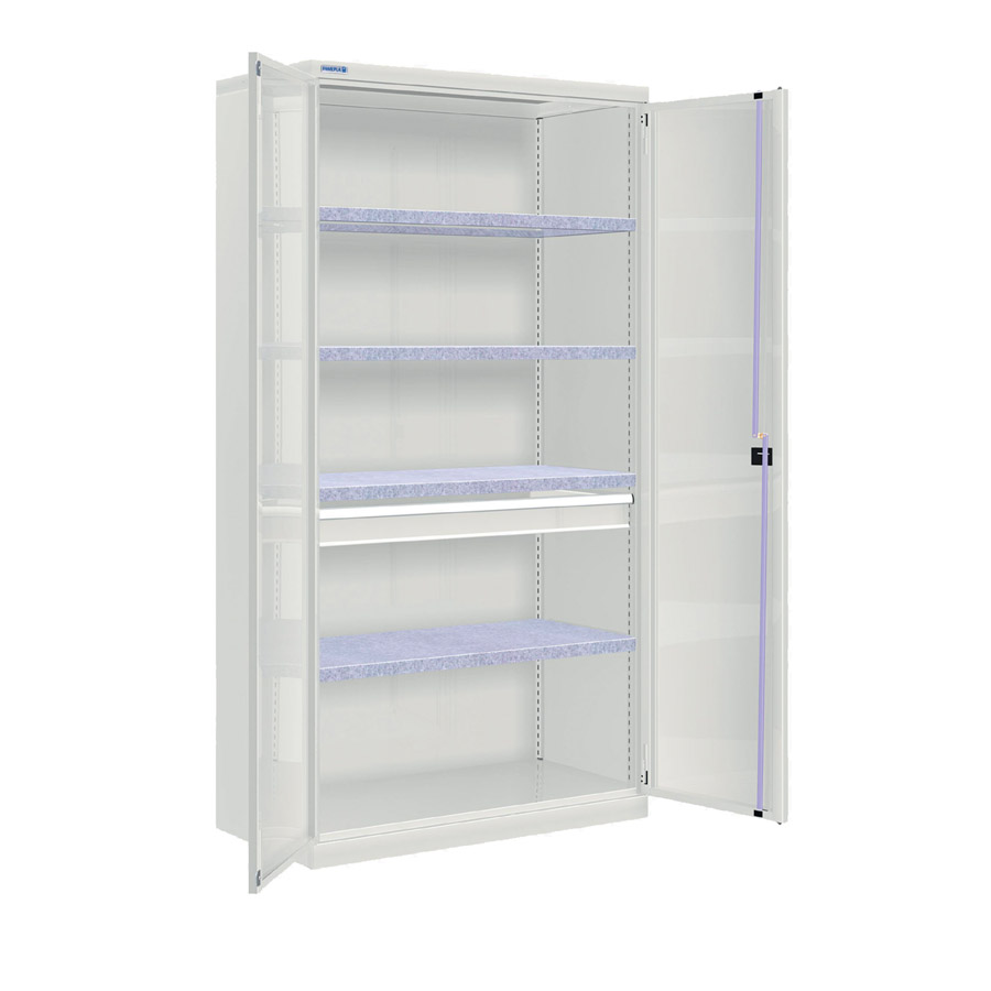 [022612] Armario metálico industrial con puertas, 4 estantes y 1 cajón telescópico - Dim.: 1026x555x2000h mm - Gris ral 7035