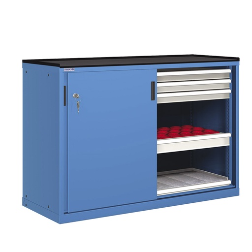 [022747] Cajonera de puertas correderas con 48 portaherramientas ISO-SK 30. - Dim.: 1431x627x1020h mm - Azul ral 5012