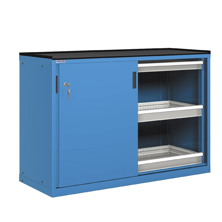 [022756] Cajonera de puertas correderas con 6 cajones de extracción simple - Dim.: 1431x780x1020h mm - Azul ral 5012