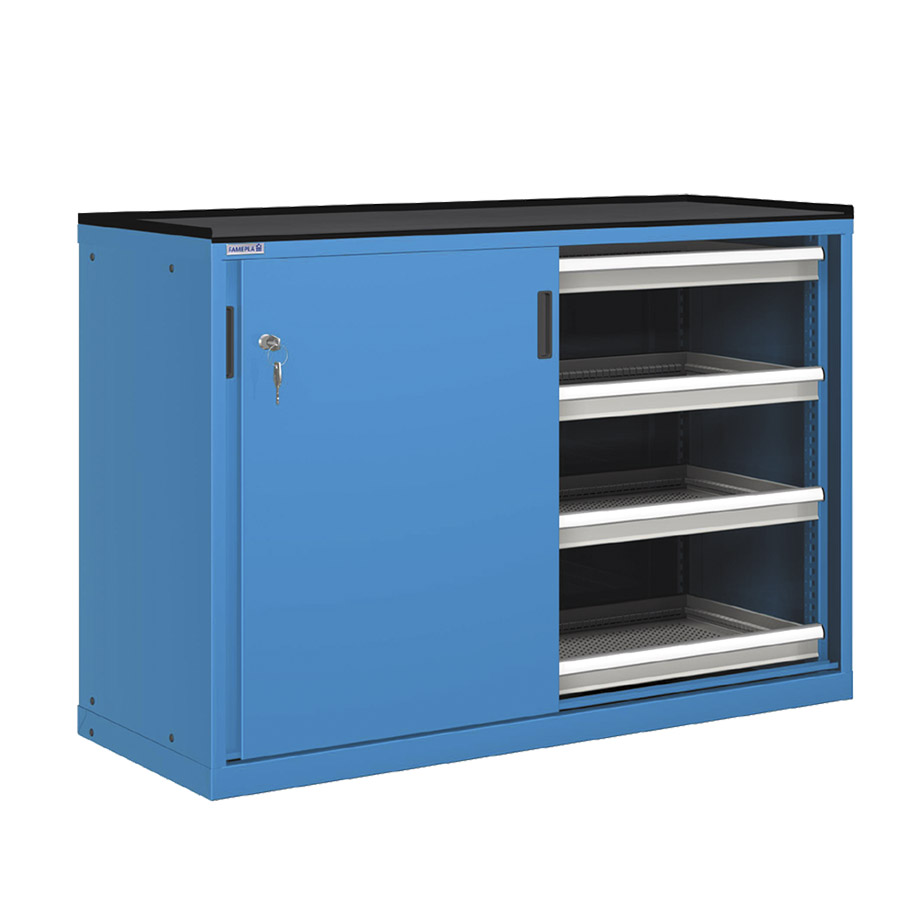 [022774] Cajonera de puertas correderas con 8 cajones de extracción simple - Dim.: 1431x780x1020h mm - Azul ral 5012
