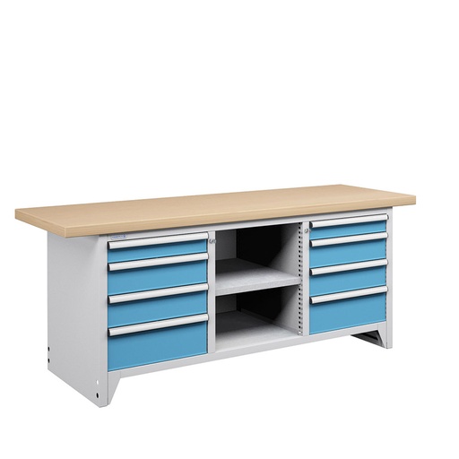 [023690] Banco compacto con encimera de haya, 8 cajones y 1 estante - Dim.: 2000x750x840h mm - Gris ral 7035 y Azul ral 5012