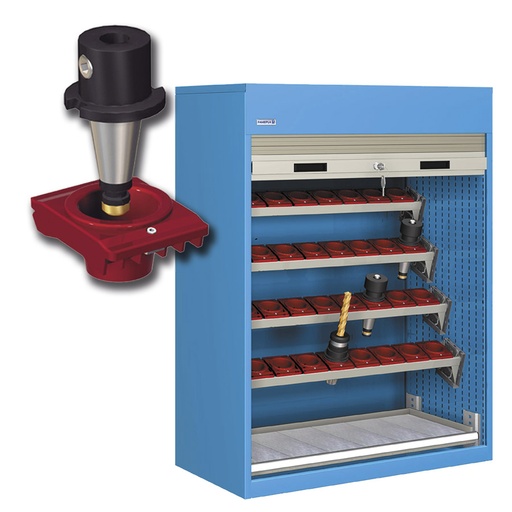 [023775] Armario de persiana, para herramientas de CNC, 4 bandejas inclinadas y 1 estante - Dim.: 1040x635x1450h mm - Azul ral 5012