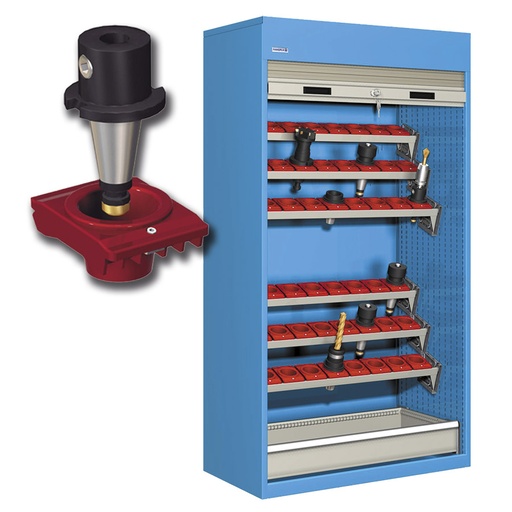 [023823] Armario de persiana, para herramientas de CNC, 6 bandejas inclinadas y 1 cajón - Dim.: 1040x635x2000h mm - Azul ral 5012