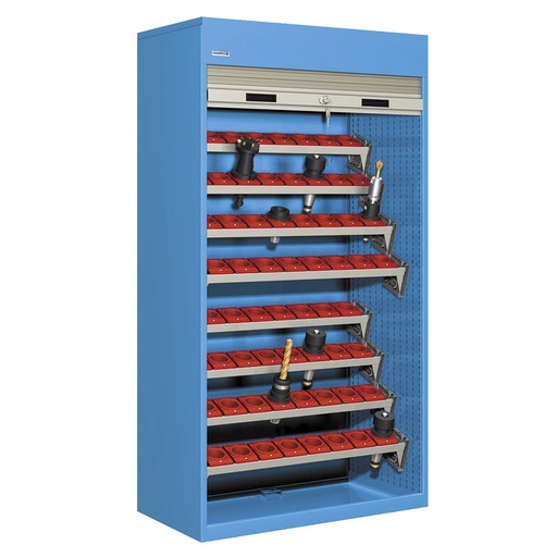 [023841] Armario de persiana, para herramientas de CNC, 8 bandejas extraíbles en ángulo - Dim.: 1040x635x2000h mm - Azul ral 5012