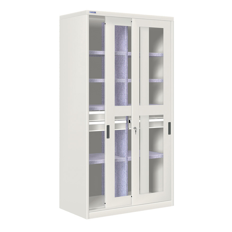 [024341] Armario de puertas correderas con divisor, 8 estantes y 4 cajones ext. simple - Dim.: 1026x600x2000h mm - gris ral 7035